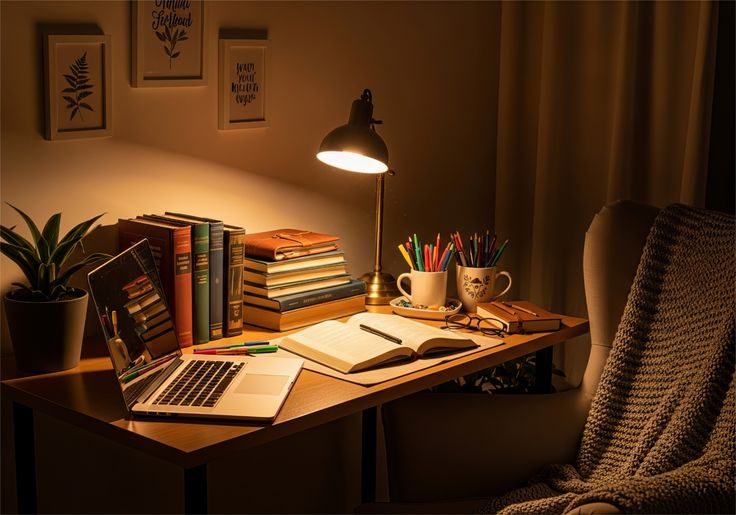 Desk with journal and lamp used for evening schedule planning